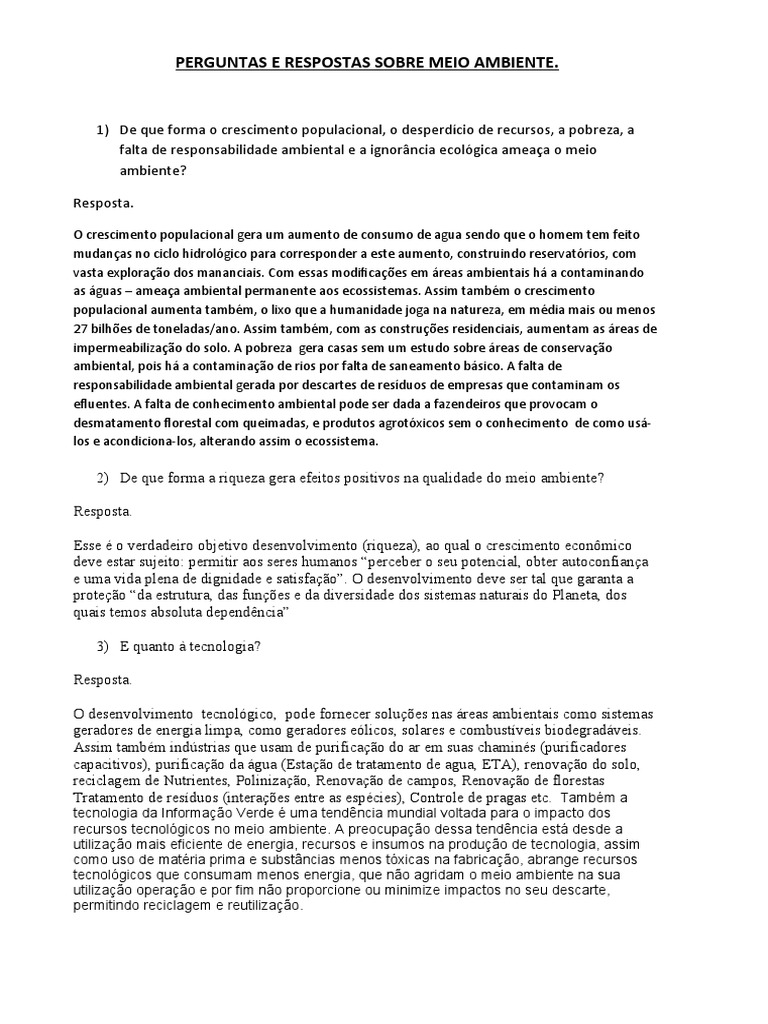 Perguntas e Respostas Sobre Meio Ambiente | PDF | Desperdício ...