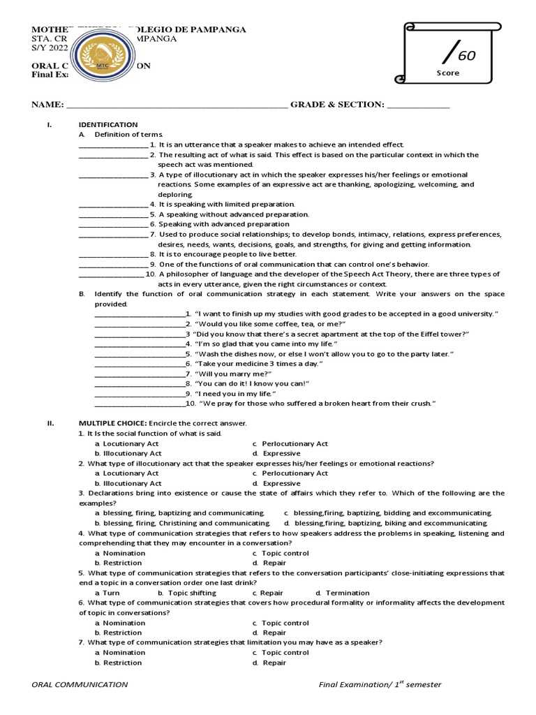 Oral Communication Final Exam Functions, Strategies, and Intercultural