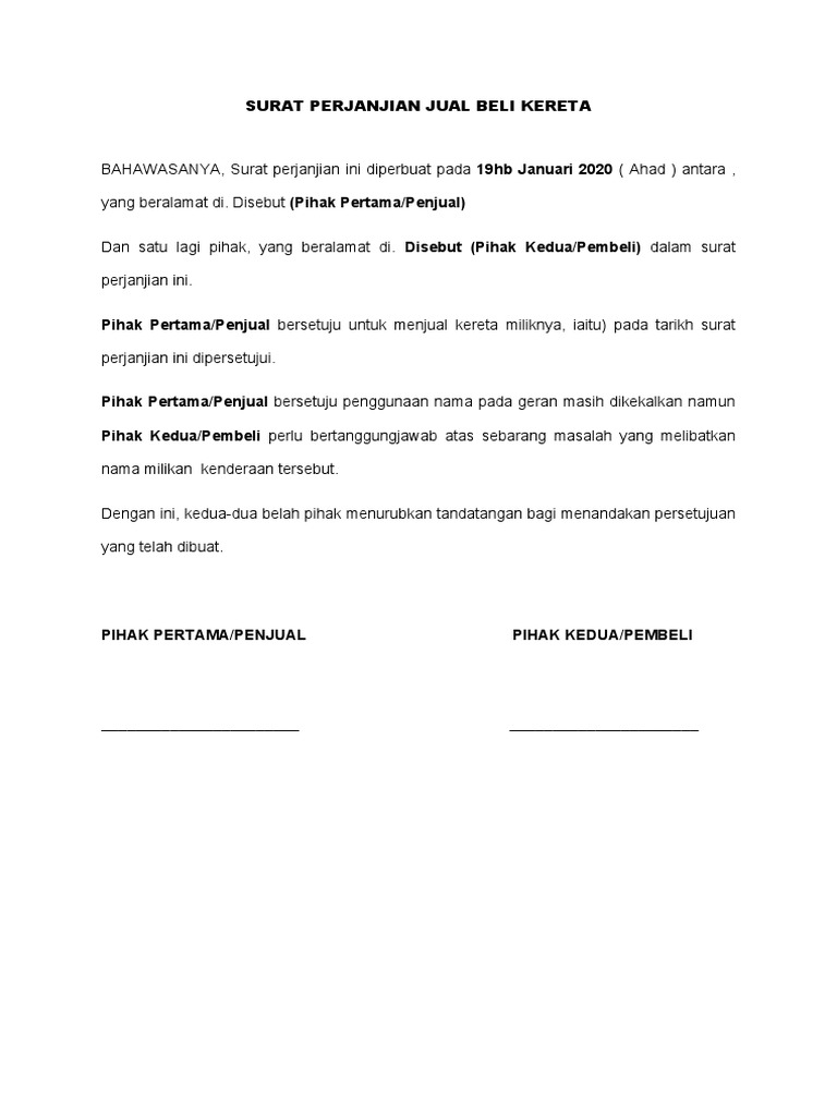 Surat Perjanjian Jual Beli Kereta | PDF | Hukum