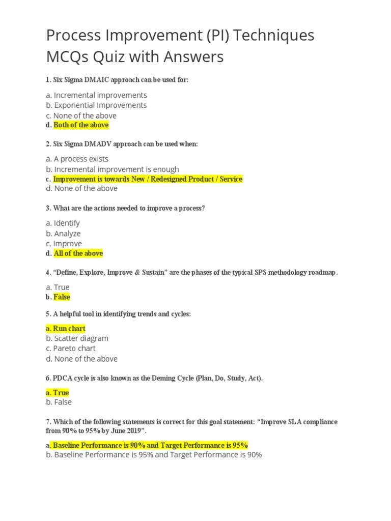 Process improvement pi techniques mcqs quiz with answers by genesis