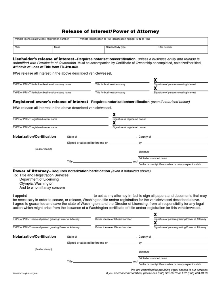 Release of Interest Power of Attorney Form PDF Notary Public