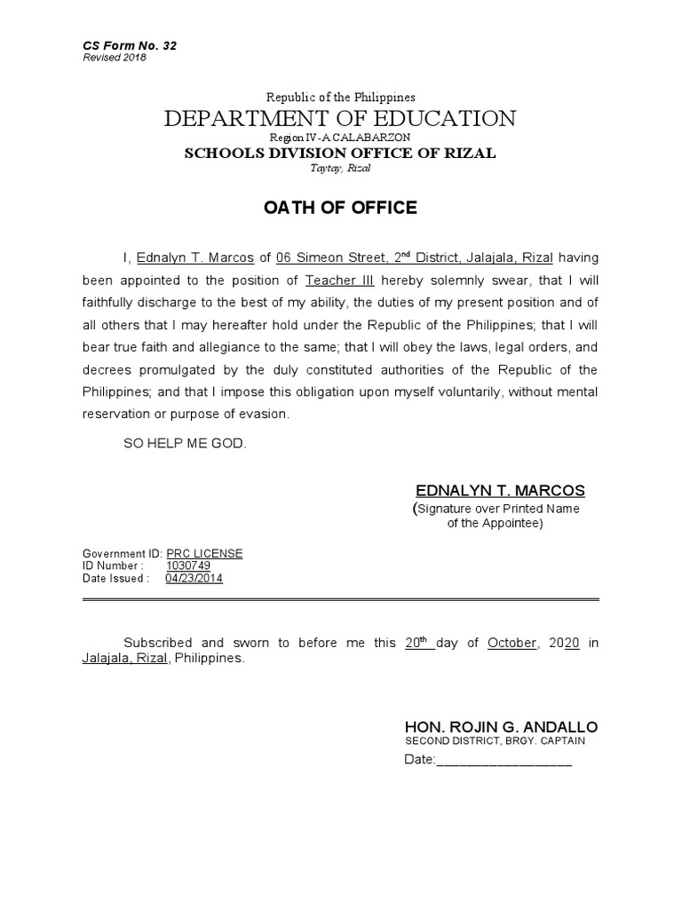 Cs form no 32 oath of office pdf