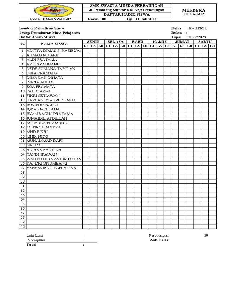 Absensi SMK Musda Perbaungan 2022-2023 Terbaru | PDF