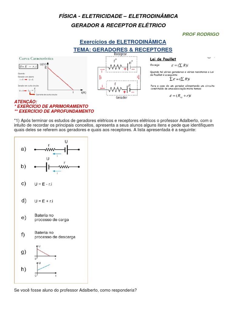 Exercícios sobre Geradores e Receptores | PDF | Eletricidade | Rede ...