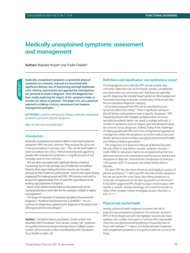 Medically Unexplained Symptoms Assessment and Management | PDF | Mental ...
