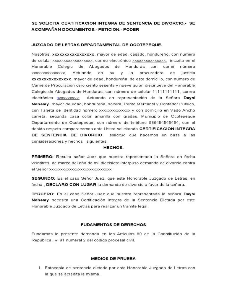 Se Solicita Certificacion Integra de Sentencia de Divorcio