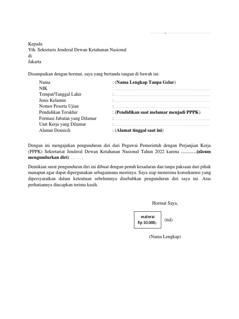 Surat Pengunduran Diri PPPK | PDF