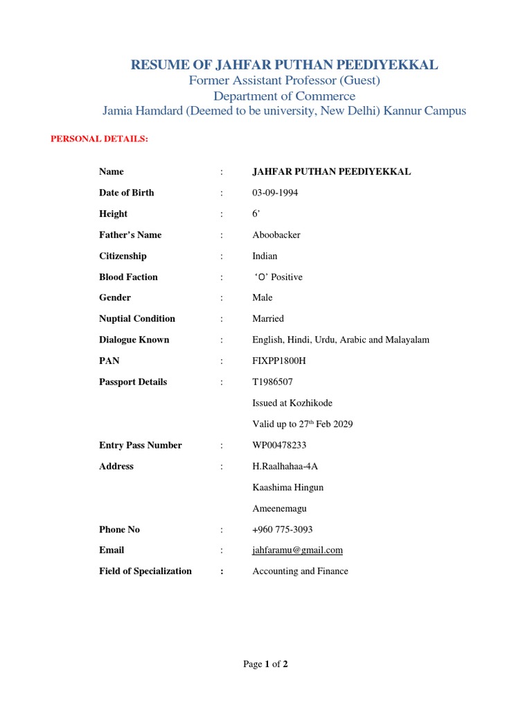 CV of Jahfar Puthan Peediyekkal | PDF | Fluency | Kerala