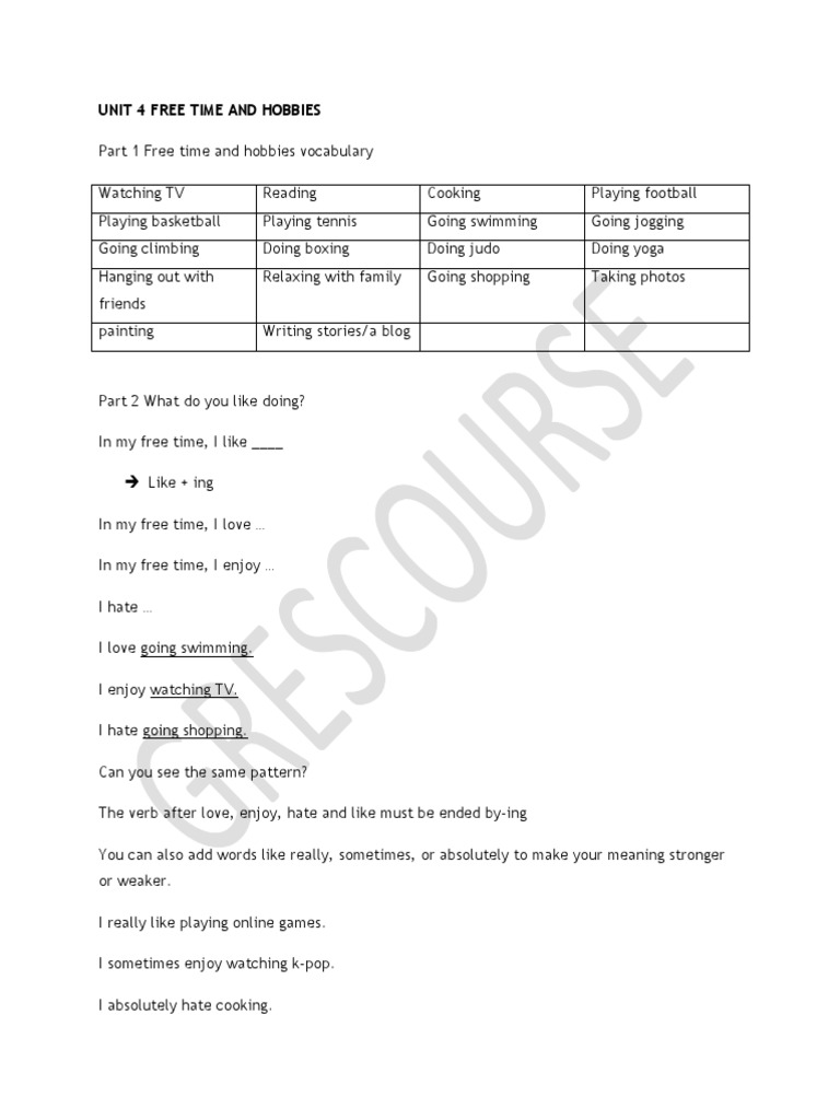 Unit 4 free time and hobbies pdf