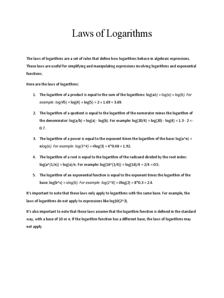 Laws of Logarithms PDF