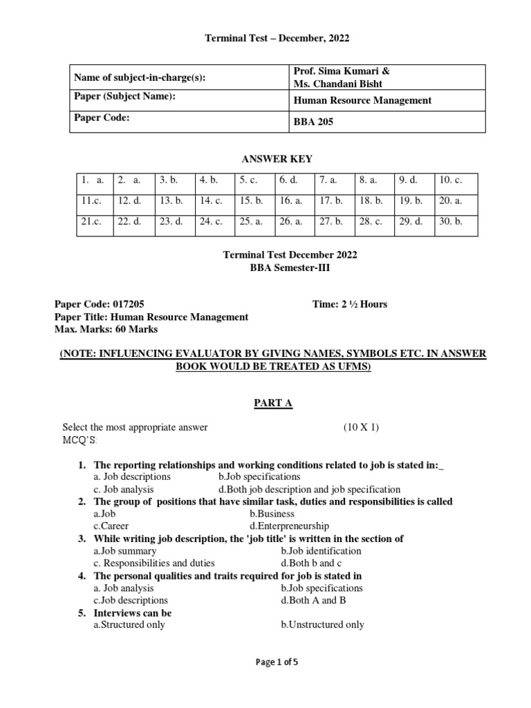 HRM Terminal Test December 2022 | PDF | Human Resources | Human ...
