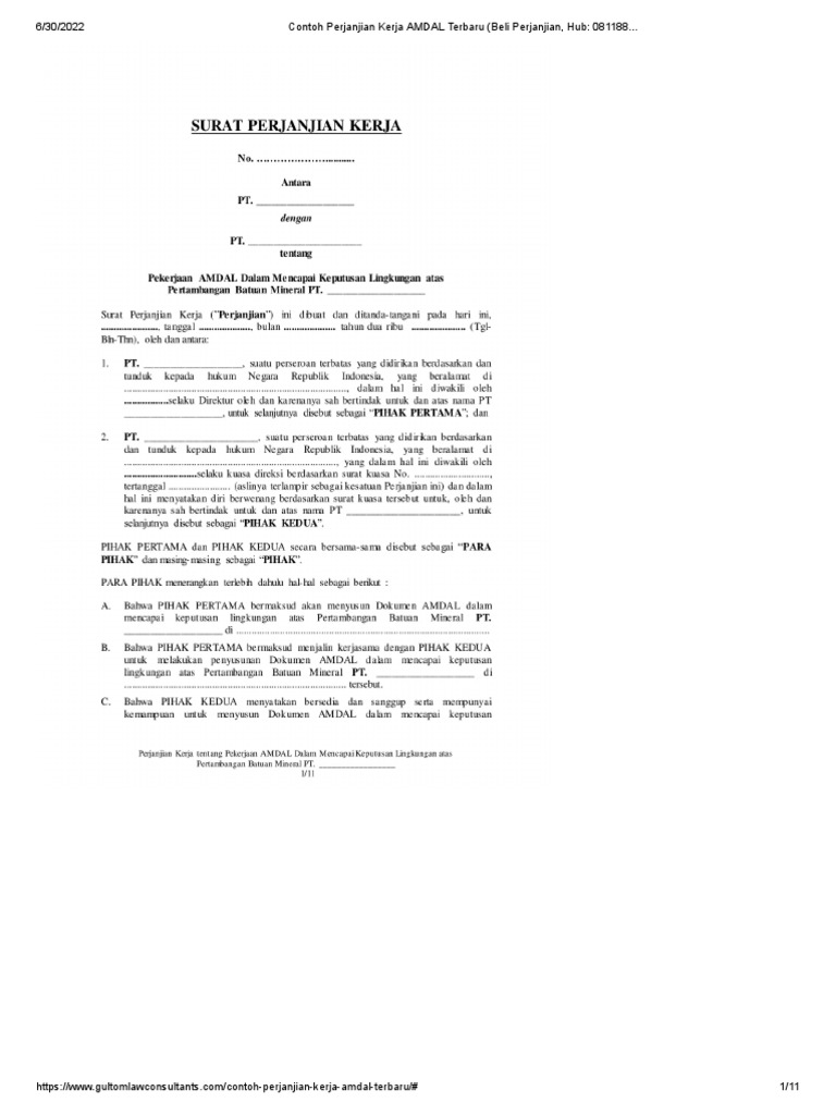 Contoh Perjanjian Kerja AMDAL Terbaru | PDF
