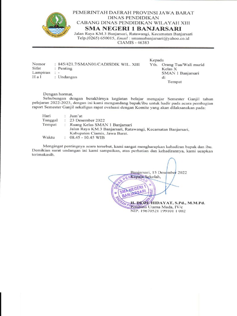 Undangan Orang Tua Kelas X | PDF