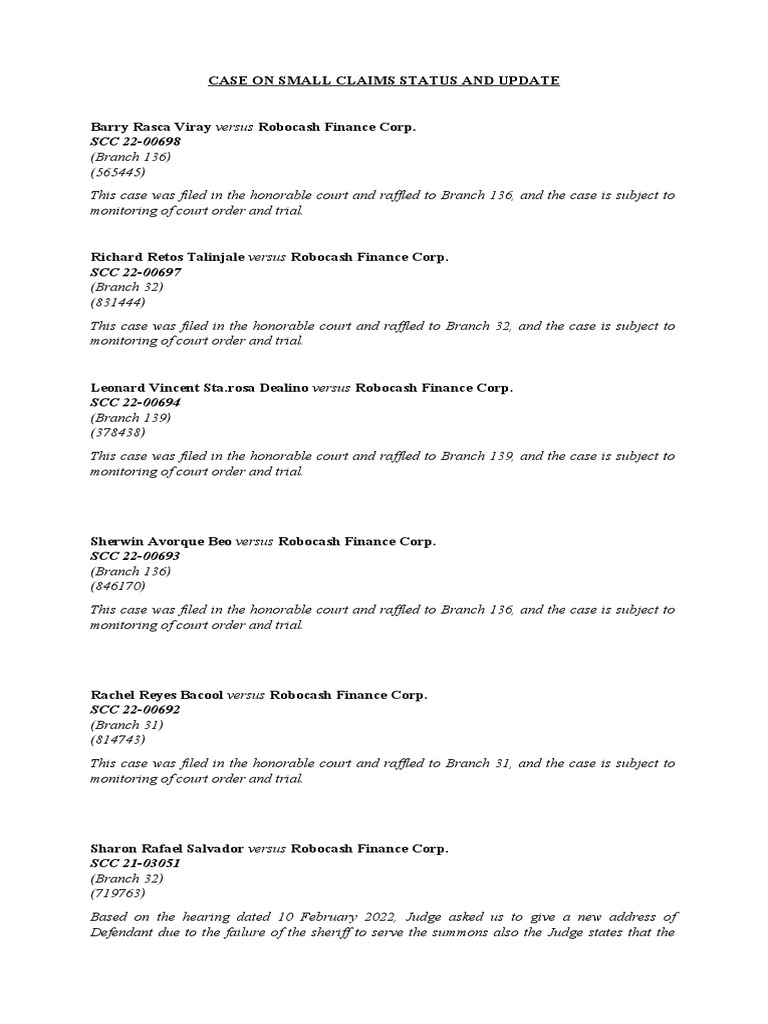 Small Claims Case Updates: Robocash | PDF | Trials | Public Sphere