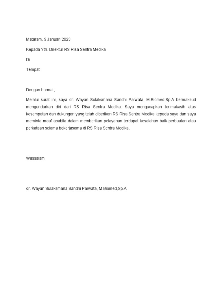 Surat Pengunduran Diri dr. Wayan di RS Risa | PDF | Kesehatan Holistik ...