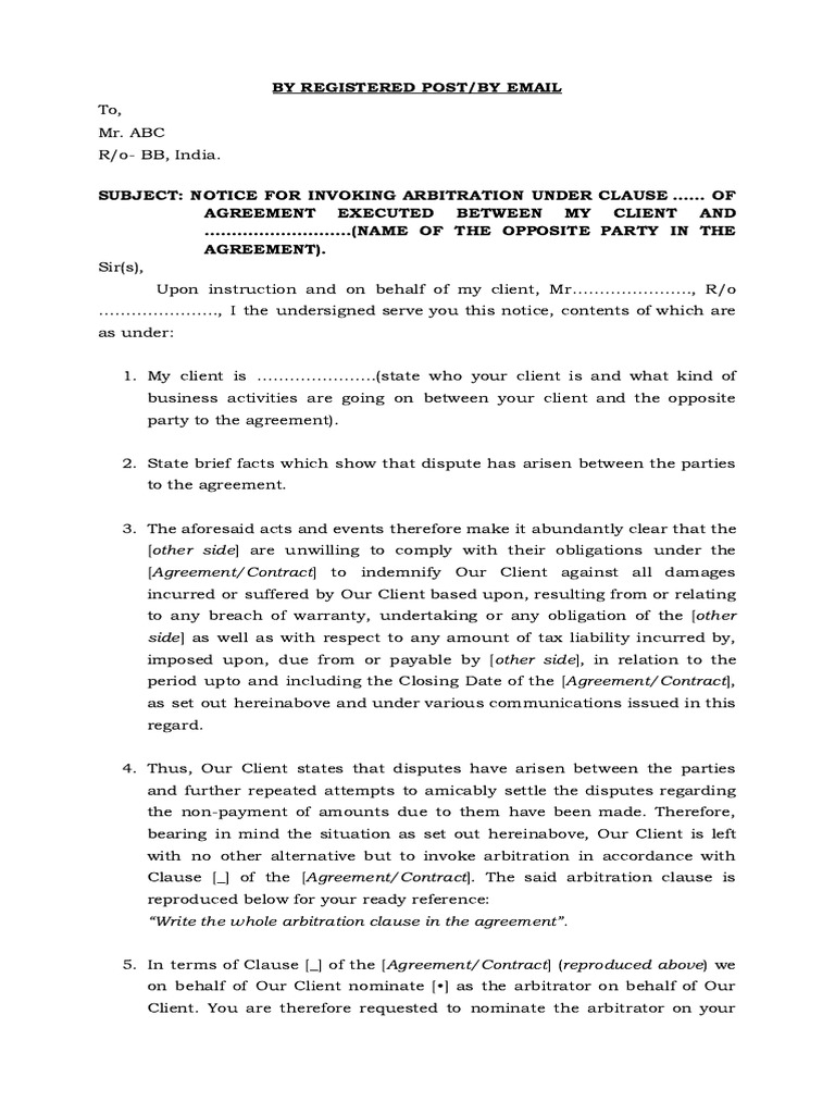 Notice for invoking arbitration pdf arbitral tribunal arbitration