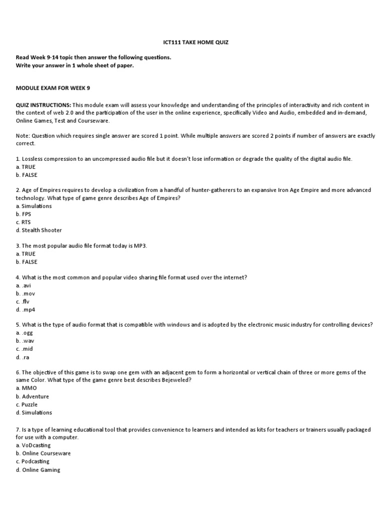 ICT111 TAKE HOME QUIZ Week 9 14 | PDF | Data Compression | Podcast