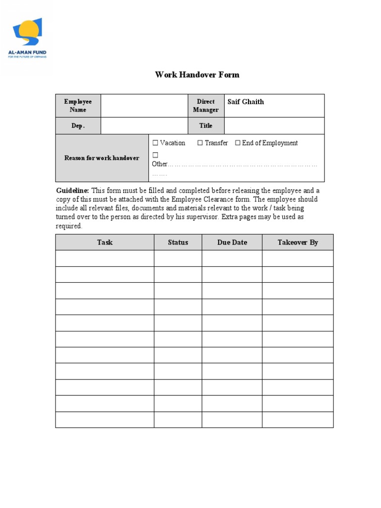Ensuring a Smooth Transition: A Work Handover Form Documents the ...