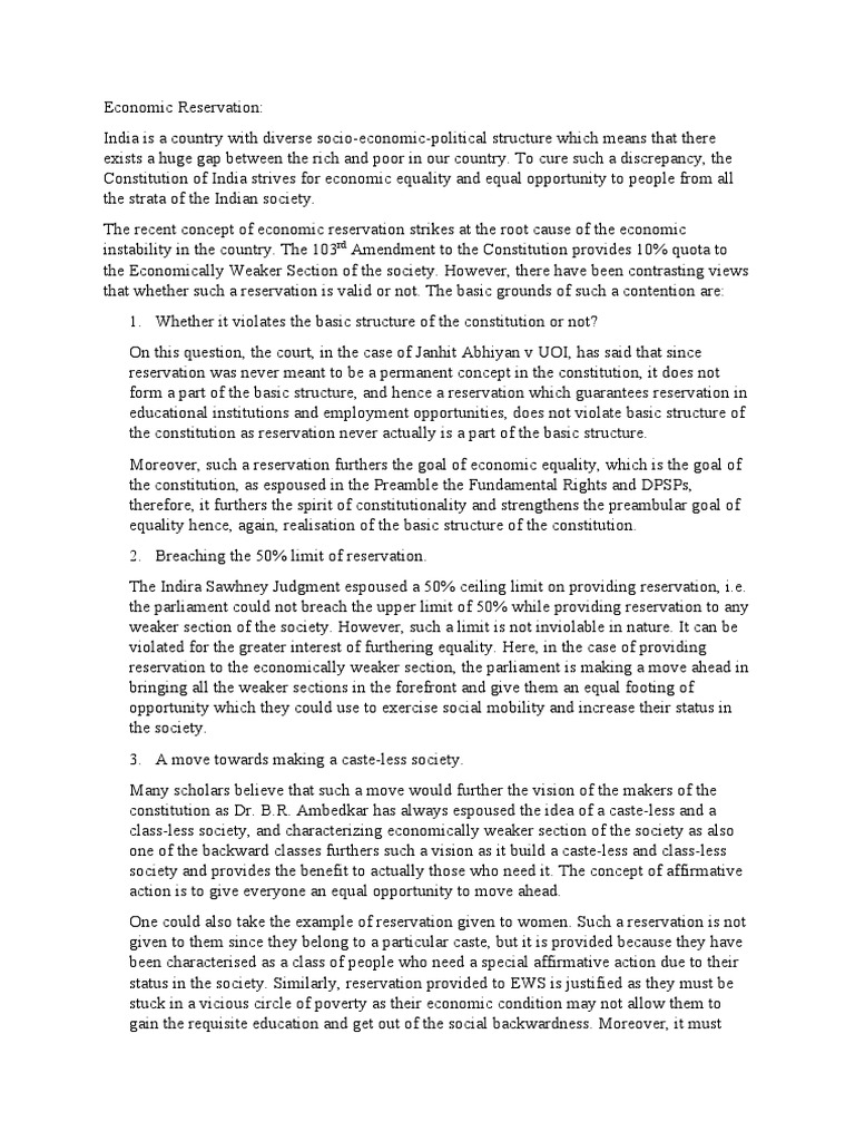 Economic Reservation PDF Public Law Constitutional Law