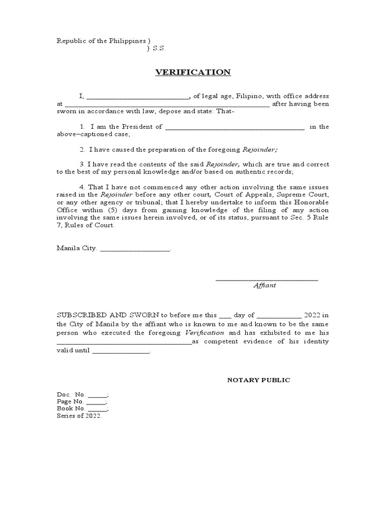 Rejoinder Affidavit Verification Format | PDF