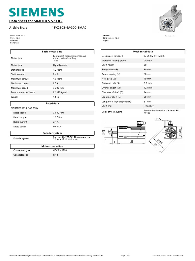SIMOTICS S-1FK2 Data Sheet | PDF | Manufactured Goods | Mechanical ...