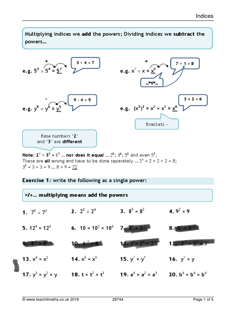Indices Laws Revision PDF Mathematics Arithmetic