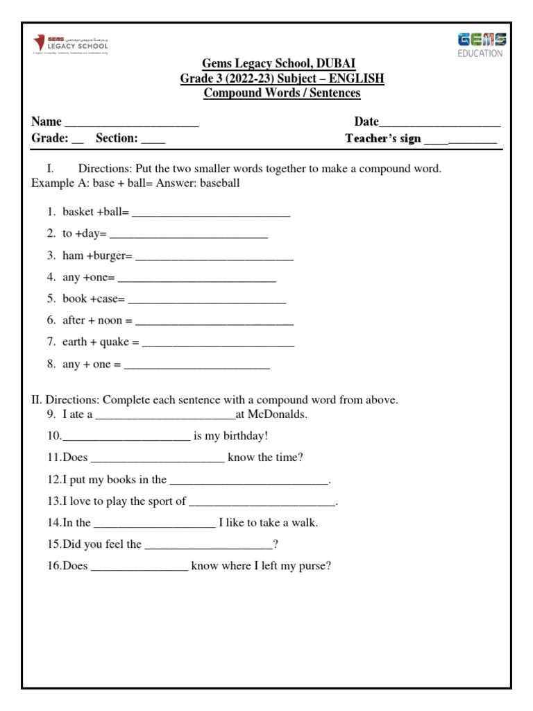Grade 3 Compound Nouns PDF