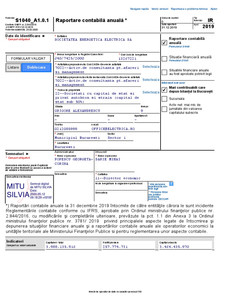 Mitu Silvia: S1040 - A1.0.1 Raportare Contabilă Anuală IR 2019 | PDF