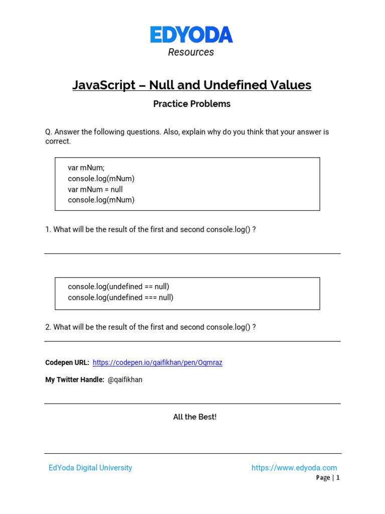 JavaScript+ +Null+and+Undefined+Values+ +Practice+Problems PDF