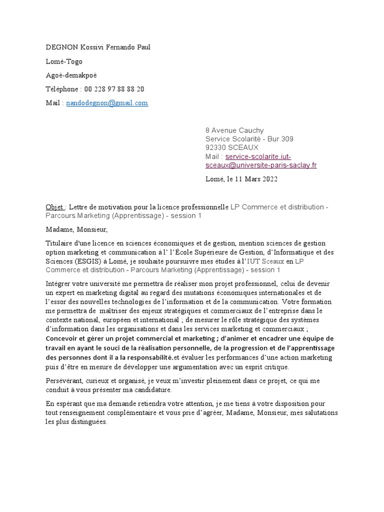 Lettre de Motivation Candidature Licence Professionnelle PDF — free download