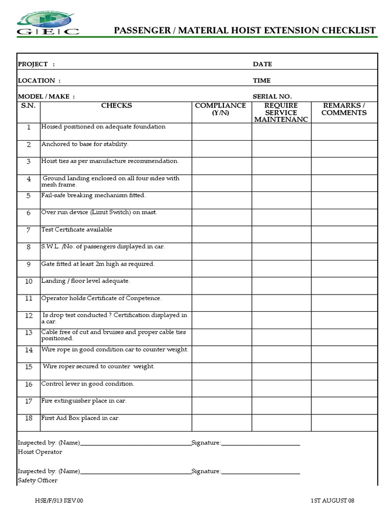 HSEF313 PassengerMaterial Hoist Extension Checklist PDF