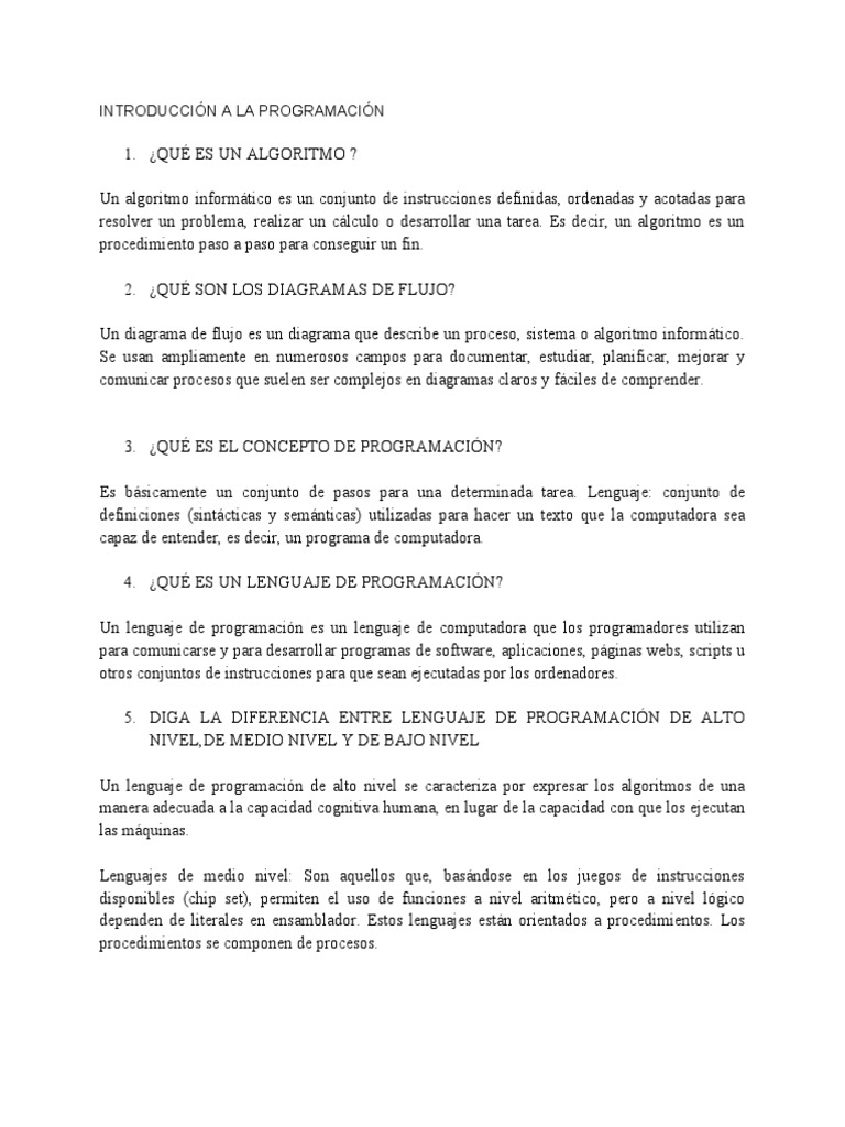Cuestionario Sobre Introduccion A La Programacion Pdf Lenguaje De