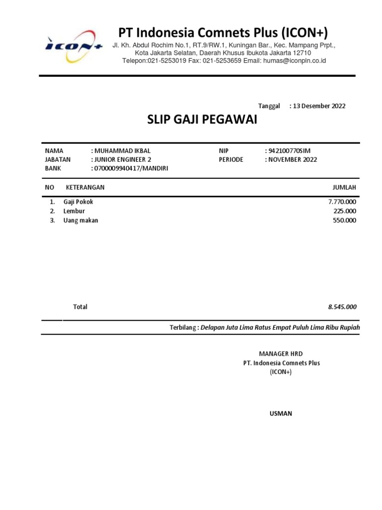 Slip Gaji PT. Indonesia Comnets Plus (ICONS+) | PDF