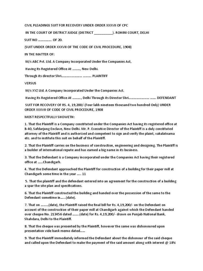 Recovery Suit Under Order 37 CPC | PDF | Lawsuit | Cheque