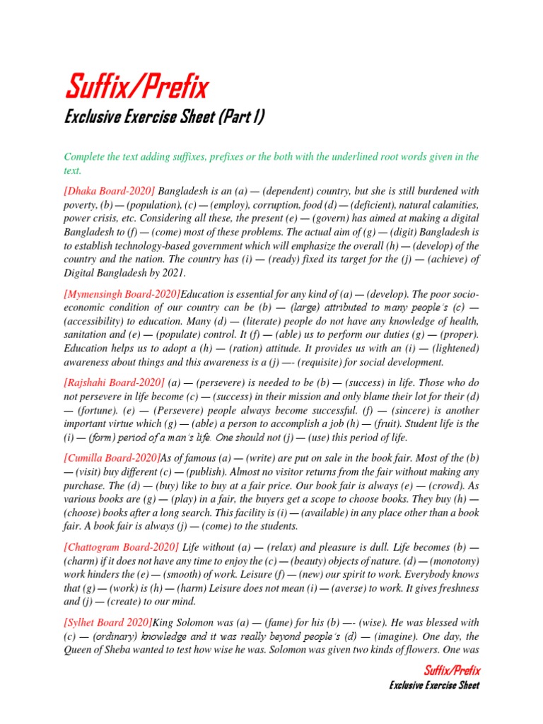 Complete the text adding suffixes and suffixes questions pdf