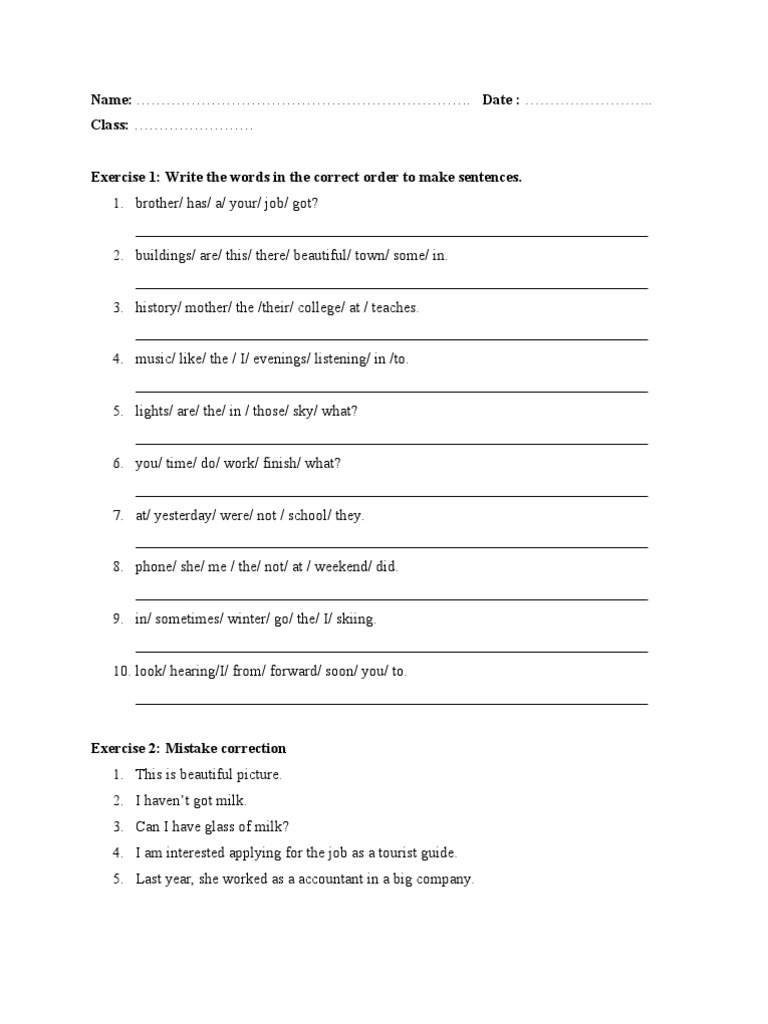 grammar exercise rearrange sentences pdf
