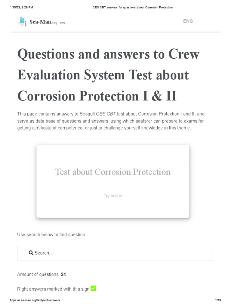 CES CBT Answers for Questions About Corrosion Protection PDF