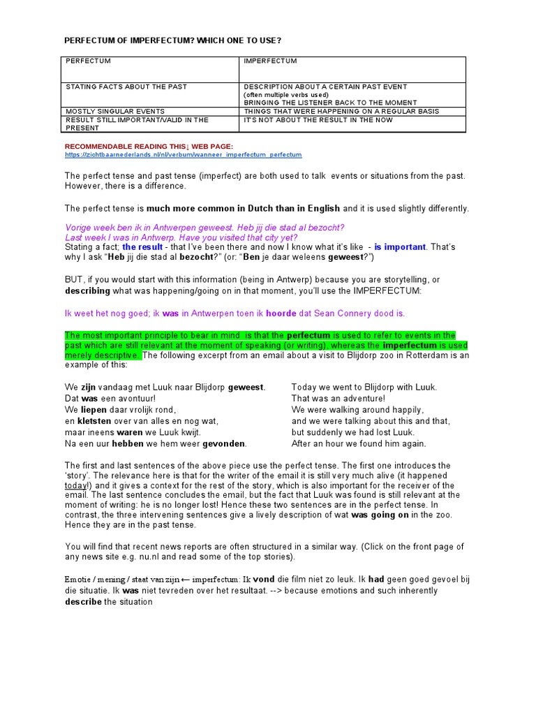 Perfectum vs Imperfectum in Dutch | PDF | Grammatical Tense | Language ...