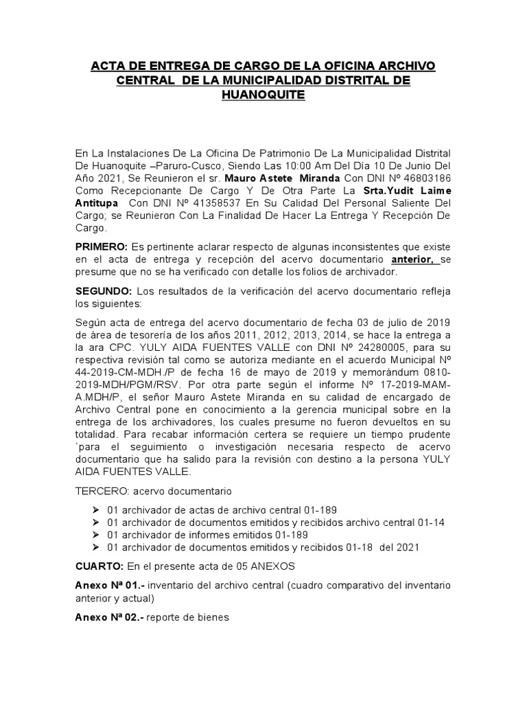 Acta de Entrega de Cargo de La Oficina Archivo Central | PDF