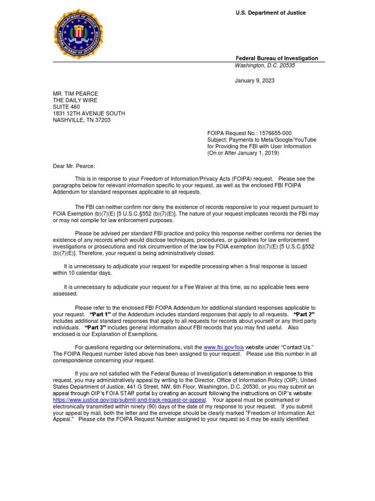 FBI FOIPA Response to Tim Pearce | PDF | Freedom Of Information Act ...