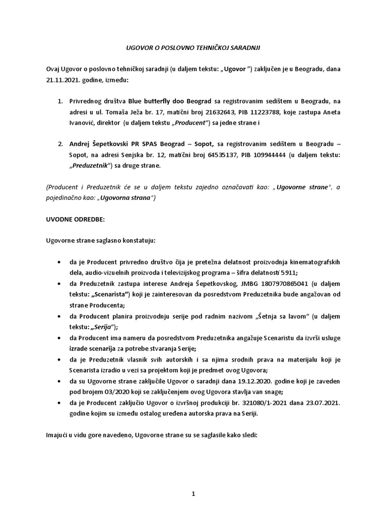Ugovor - Scenario - konacnoJG (Rev JJ) | PDF