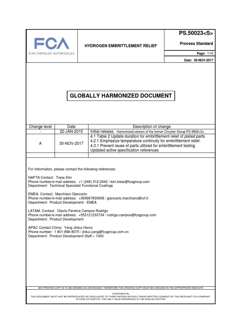 FCA PS 50023 2017 Hidrogen Embrittlement PDF Screw Chemistry