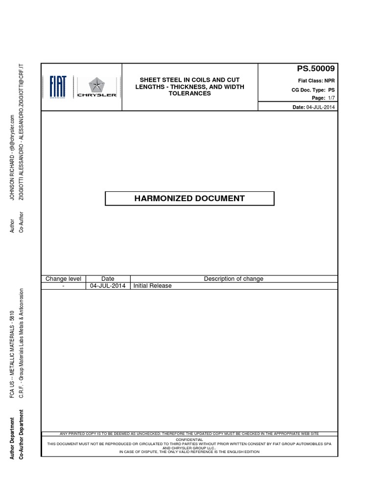 FCA PS 50009 2014 Ex PS 5570 PDF Rolling Metalworking 