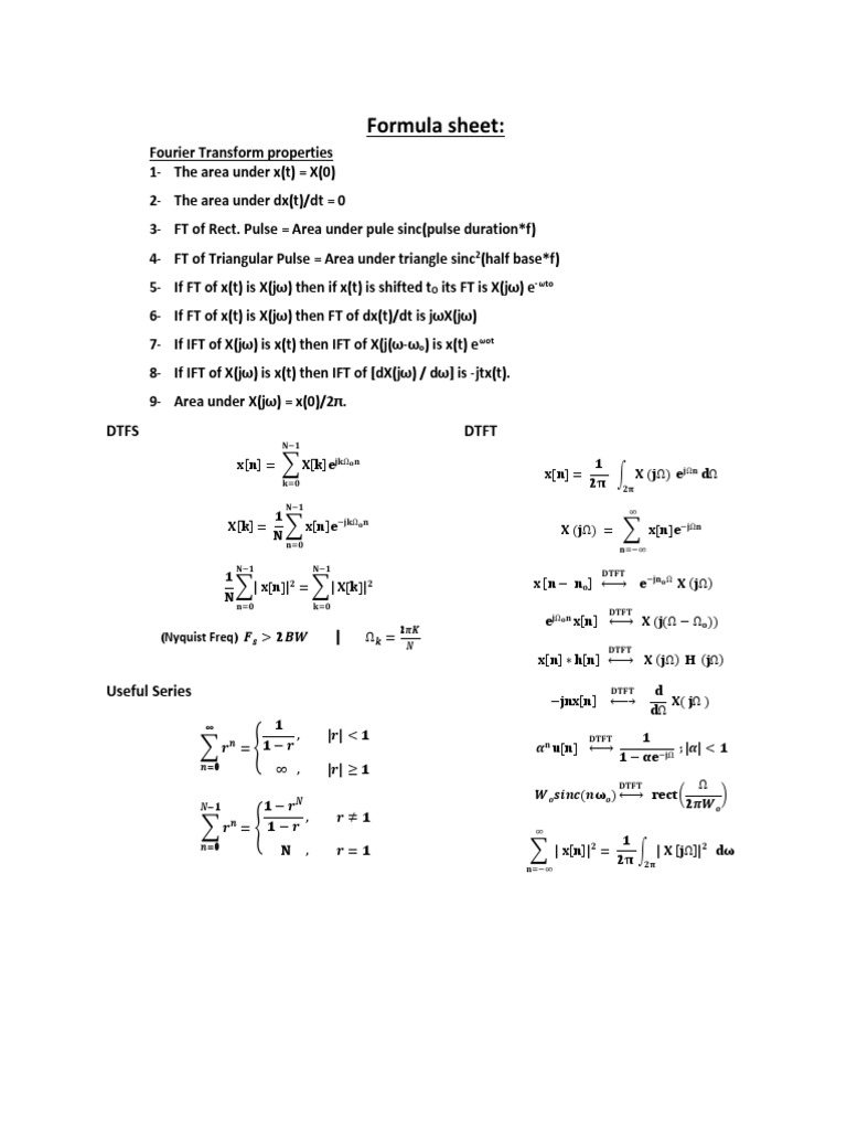 Formula sheet pdf discrete fourier transform algorithms
