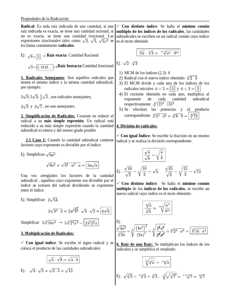 Propiedades De La Radicacion Pdf Exponenciación Conceptos Matemáticos