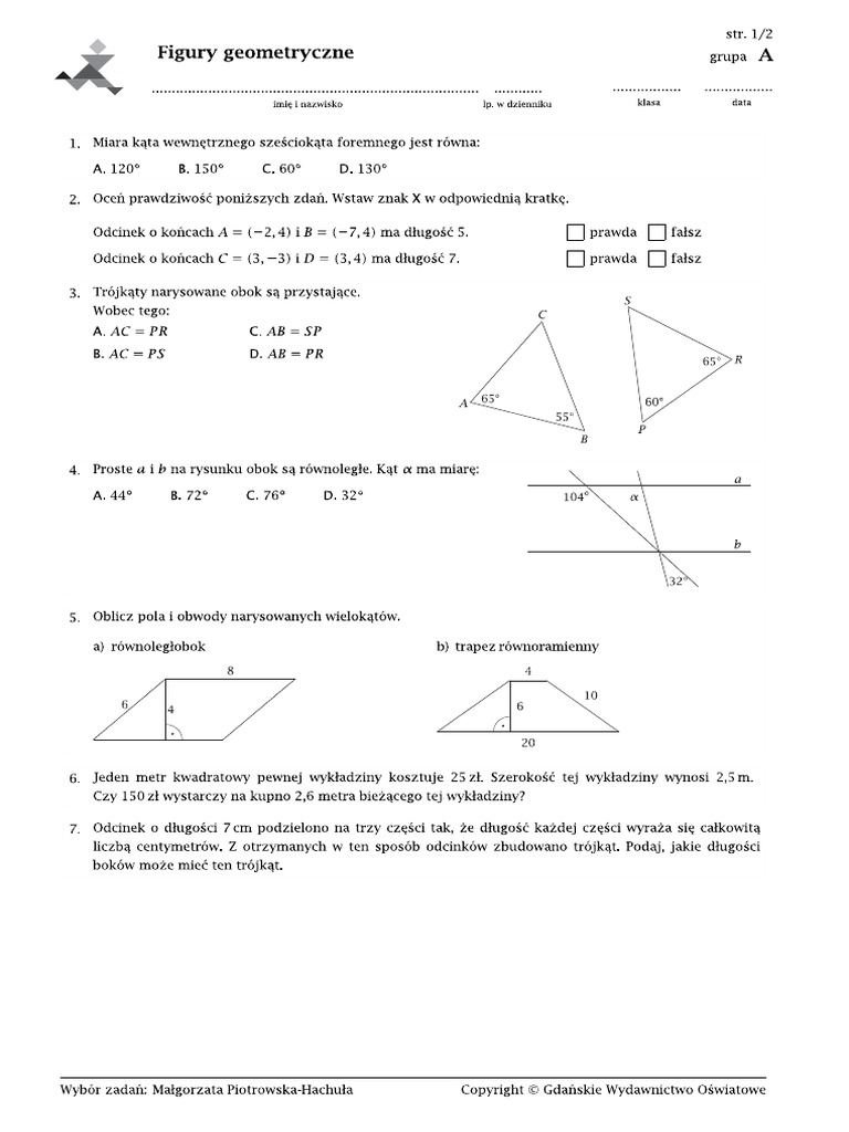 Sprawdzian Graniastosłupy Klasa 7 Gwo KL 7 Sprawdzian Figury Geometryczne 1 | PDF
