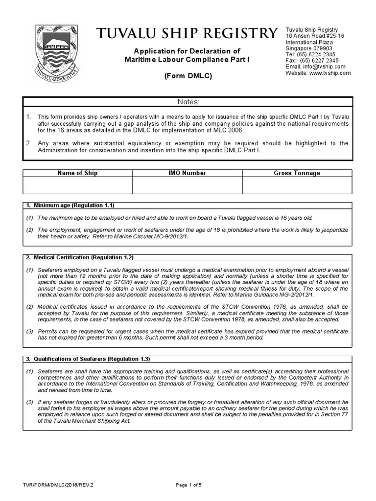 DMLC Part I Application for Tuvalu Vessels | PDF | Occupational Safety ...