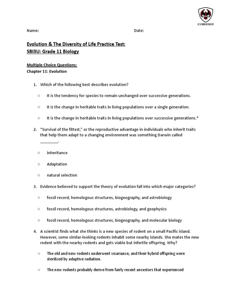 Evolution & Diversity Practice Test | PDF | Evolution | Leaf