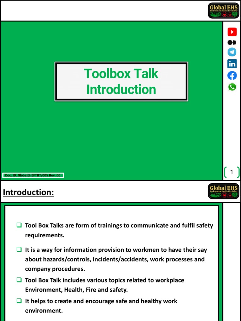 Introduction of Tool Box Talk Rev 01 Global EHS TBT 001 PDF Safety