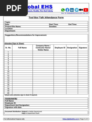 Tool Box Talk Attendance Form Global EHS Forms 001